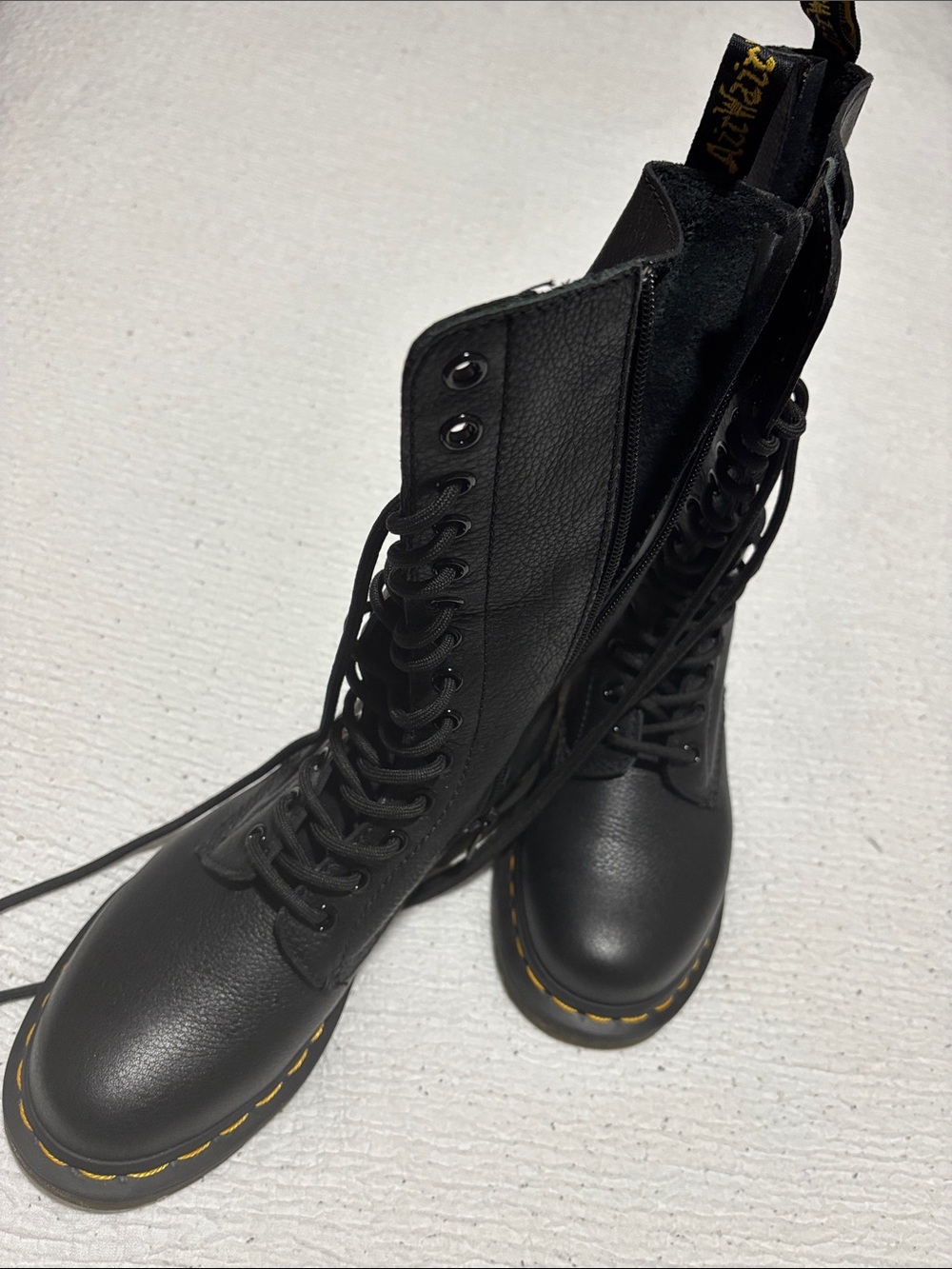 Dr. Martens Black Leather Lace-Up Platform Combat Boots with Yellow Stitching